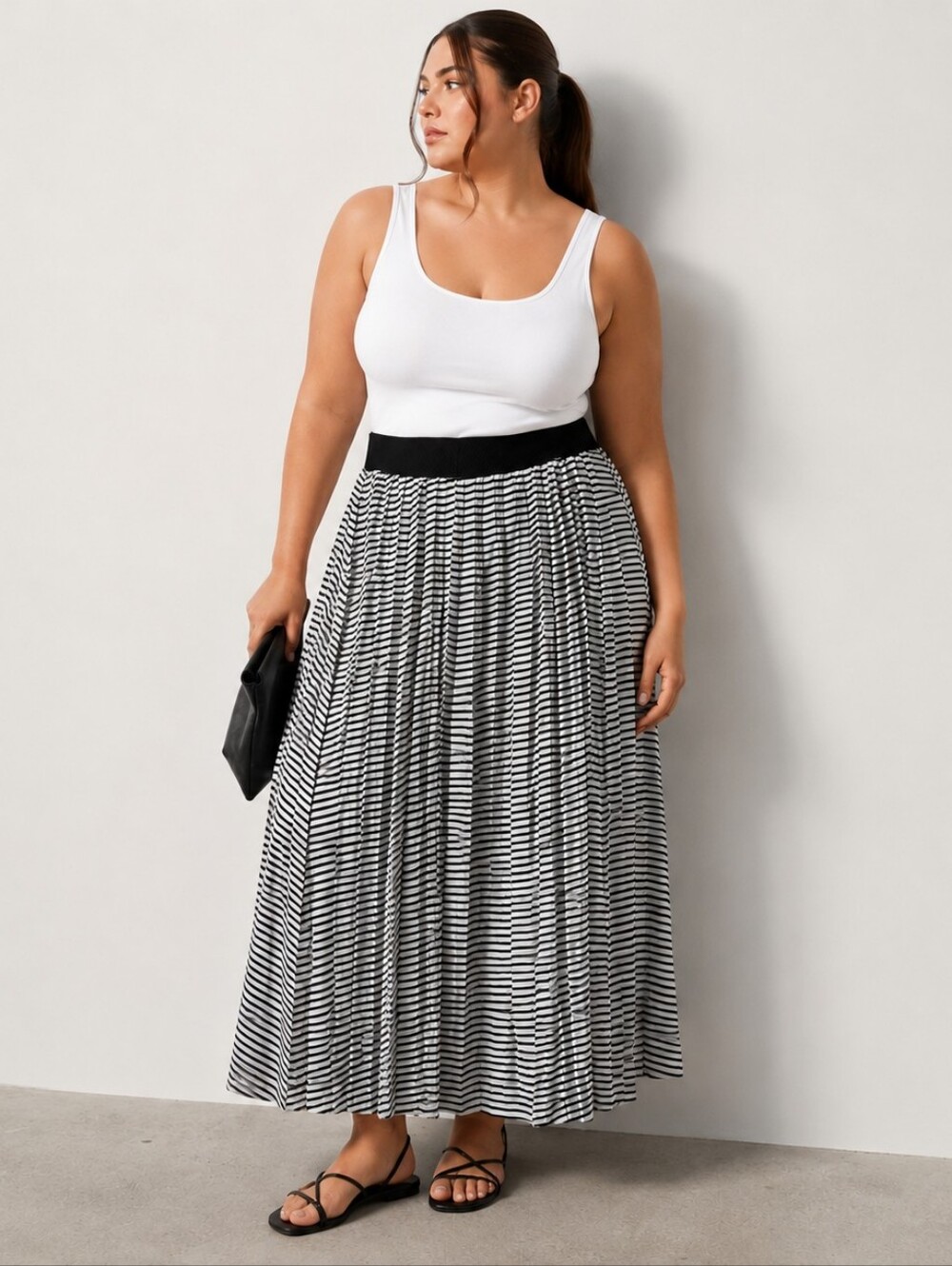Nwt KATHY COLE Striped Pleated Midi Maxi Skirt Black White Crinkle 4XL Accordion